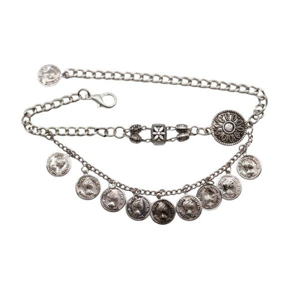 Women Silver Metal Boot Chain Bracelet Shoe Anklet Coin Wave Flower Charm SET - Picture 8 of 17